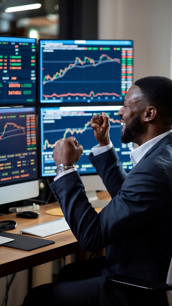 Stock Market Day Trader Working on Computer with Multi Monitor Workstation