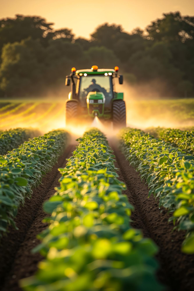 A tractor spraying pesticides on a field of crops